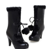 Japanese Pink/Black/White Sweet Fur Ball Warm High Heel Boots BE564